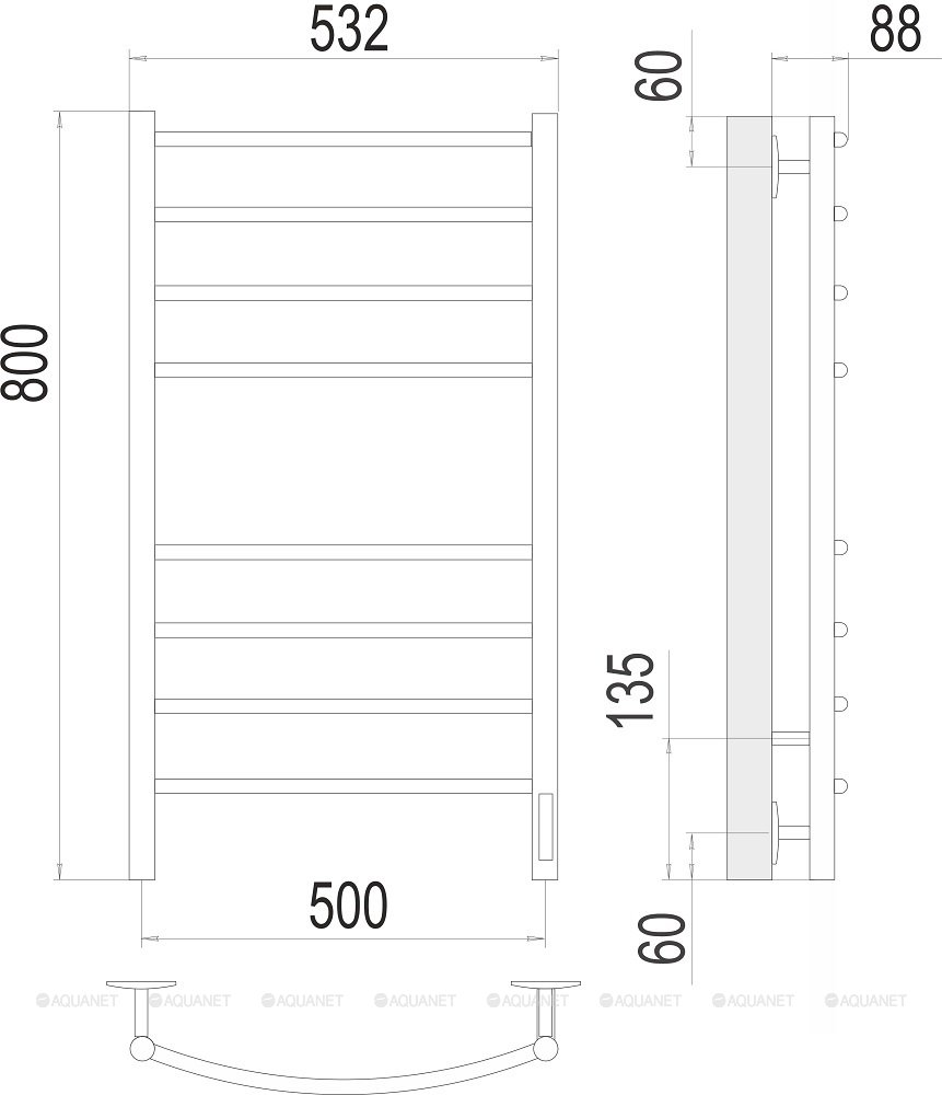 Полотенцесушитель Terminus Классик П8 500х800 электро КС 9005 матовый  Полотенцесушитель Terminus Классик П8 500х800 электро КС 9005 матовый