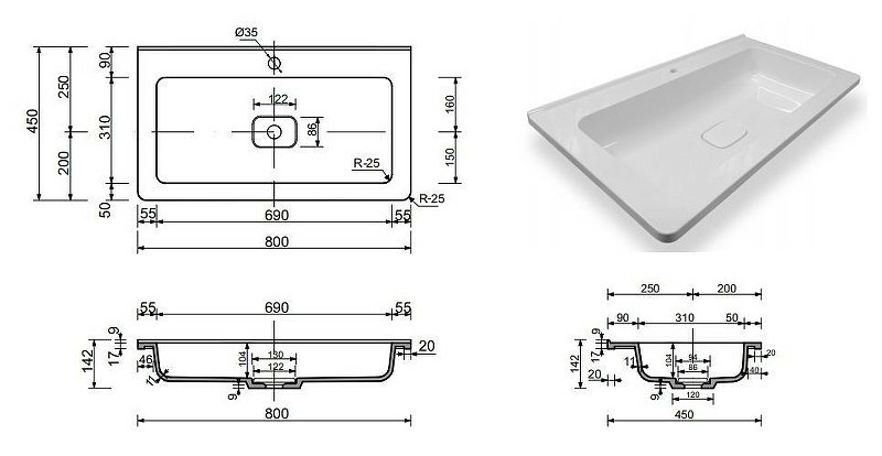 Раковина "Каре Люкс" 800х450 Раковина "Каре Люкс" 800х450