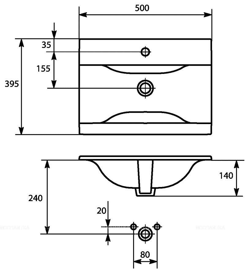 Тонкая раковина Ontario с отверстием под смеситель, размером 50 см Тонкая раковина Ontario с отверстием под смеситель, размером 50 см