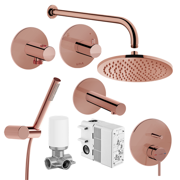 Набор встроенной душевой системы Origin на 3 направления, медь (верхняя лейка, излив, ручной душ, смеситель встроенный внешняя и внутренняя часть) Набор встроенной душевой системы Origin на 3 направления, медь (верхняя лейка, излив, ручной душ, смеситель встроенный внешняя и внутренняя часть)