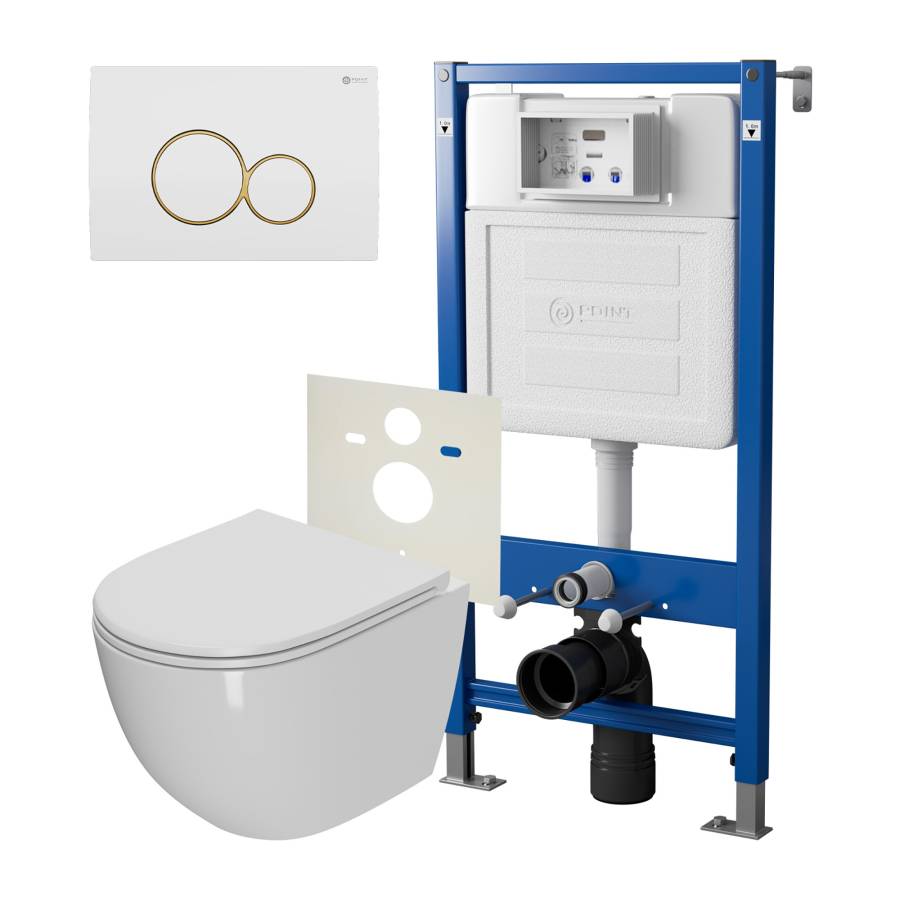 Сет: Система инсталляции Point Элемент для подвесного унитаза PN45120 + Клавиша смыва для инсталляции Point Виктория, белая/золото, PN44061WG + Унитаз подвесной Point Афина безободковый, сиденье микролифт PN41041 Сет: Система инсталляции Point Элемент для подвесного унитаза PN45120 + Клавиша смыва для инсталляции Point Виктория, белая/золото, PN44061WG + Унитаз подвесной Point Афина безободковый, сиденье микролифт PN41041