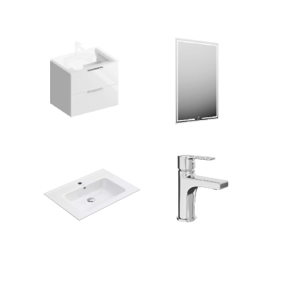 Комплект раковины и тумбы со смесителем и зеркалом