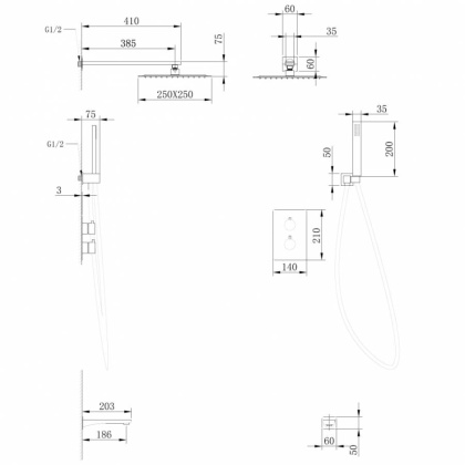 Душевая система ABBER Weiss Insel AF8050B скрытого монтажа с изливом, термостат, черная матовая