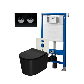 Сет: Система инсталляции пневматическая Point Элемент П для подвесного унитаза PN45121 + Клавиша смыва для пневматической инсталляции Point Венера, установка в стену, черный/хром, PN44071BC + Унитаз подвесной Point Веста безободковый, чёрн мат, PN41701BM