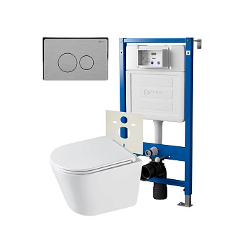 Сет: Система инсталляции Point Элемент для подвесного унитаза PN45120 + Клавиша смыва для инсталляции Point Виктория, нержавеющая сталь, сталь брашированная, PN44061SB + Унитаз подвесной Point Венера безободковый, белый, сиденье дюропласт микролифт быстро