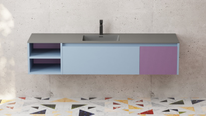 Подвесная тумба Domino 2000, шпон Tabu, для двух встраиваемых раковин, с фрезеровкой Подвесная тумба Domino 2000, шпон Tabu, для двух встраиваемых раковин, с фрезеровкой