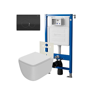 Сет: Система инсталляции Point Элемент для подвесного унитаза PN45120 + Клавиша смыва для инсталляции Point Виктория, черная/хром, PN44061BC + Унитаз подвесной Point Меркурий безободковый, сиденье дюропласт микролифт, быстросъем, белый матовый PN41831WM