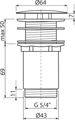 Донный клапан сифона для умывальника 5/4", цельнометаллический, с большой заглушкой, для умывальников без перелива, белый-глянец
