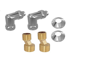 Комплект фитингов для нижнего подключения водяных полотенцесушителей типа лесенка Aquatek ( уголок со сгоном 3/4х1/2 - 2 шт + эксцентрик 3/4х1/2 - 2 шт + отражатель 3/4 - 2 шт), цвет хром