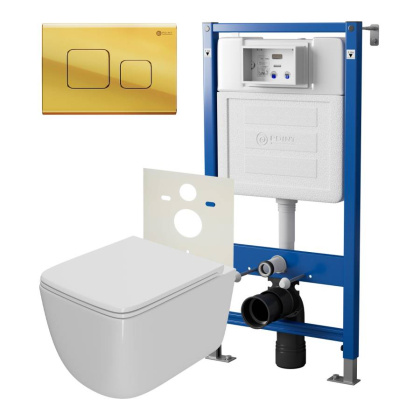 Сет: Система инсталляции Point Элемент для подвесного унитаза PN45120 + Клавиша смыва для инсталляции Point Афина, золото, PN44041G + Унитаз подвесной Point Меркурий безободковый, сиденье дюропласт микролифт, быстросъем, белый PN41831