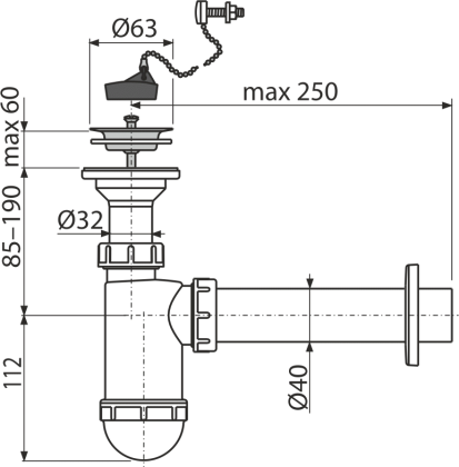 Сифон для умывальника DN40 с нержавеющей peшeткой DN63, с цепочкой