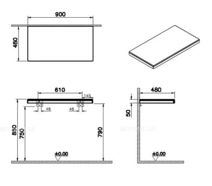 Столешница 90 см, правосторонняя, темный вяз