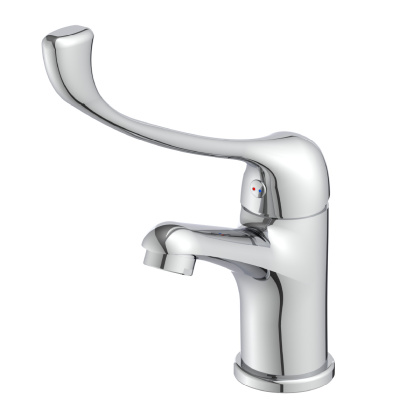 Смеситель для раковины с локтевой рукояткой, монолитный, высота излива 8 см, длина 9 см, латунь/хром