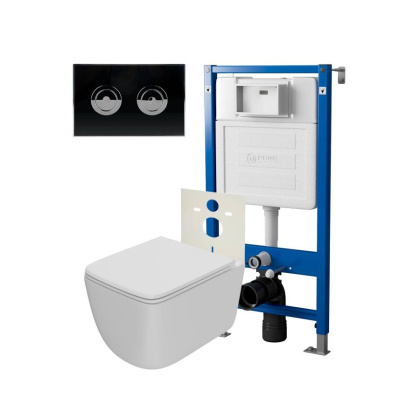 Сет: Система инсталляции пневматическая Point Элемент П для подвесного унитаза PN45121 + Клавиша смыва для пневматической инсталляции Point Венера, установка в стену, черный/хром, PN44072BC + Унитаз подвесной Point Меркурий безободковый, сиденье дюропласт