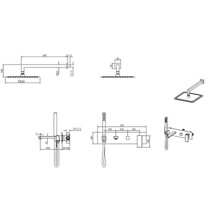 Смеситель встроенный + верхний+ ручной душ Qubic Shinny Gun Metal