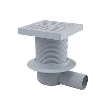 Сливной трап 150×150/50 мм боковой сток, решетка серая, гидрозатвор мокрый