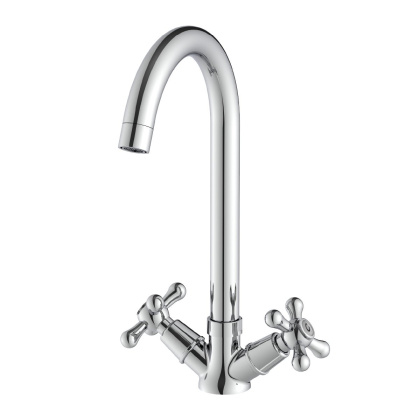 Смеситель для кухни с  поворотным изливом, двуручковый, высота излива 23 см, длина 16 см, латунь/хром