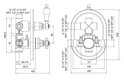VENEZIA-VDIM2-T-02-Bi Встраиваемый термостатический смеситель на 2 выхода,с девиатором Исполнение: Бронза, Ручки: Белая 