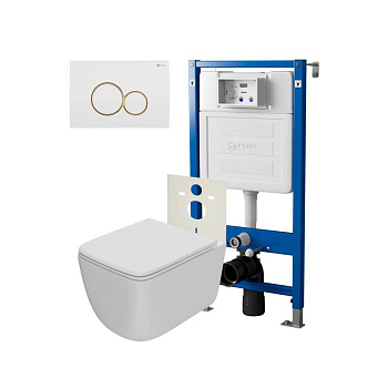 Сет: Система инсталляции Point Элемент для подвесного унитаза PN45120 + Клавиша смыва для инсталляции Point Виктория, белая/золото, PN44061WG + Унитаз подвесной Point Меркурий безободковый, сиденье дюропласт микролифт, быстросъем, белый матовый PN41831WM