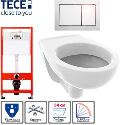 Комплект установки подвесного унитаза: модуль, панель TECEbase хром глянцевый, унитаз TECE V04 Комплект установки подвесного унитаза: модуль, панель TECEbase хром глянцевый, унитаз TECE V04