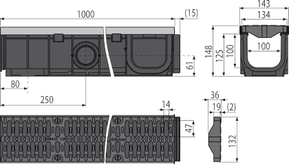 Дренажный канал 100 мм с металлической рамой и решеткой из композитного материала С250