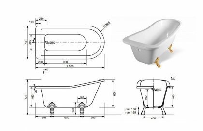 Ванна из искусственного мрамора Эстет Царская 150x73                                                                                           