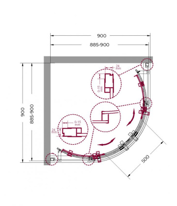 MARINO-R-2-90-C-Cr Душевой уголок, Условный размер, мм:900x900x1950 Габариты с диапазоном регулировок, мм:(885-900)х(885-900)x1950 