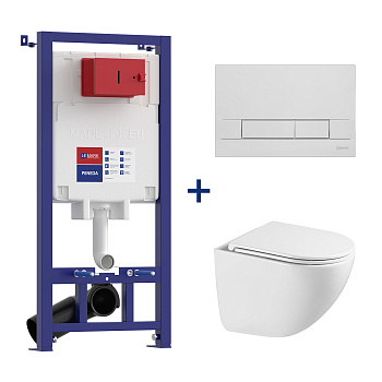 Комплект 3в1: Инсталляция Lemark PENEDA для унитазов с кнопкой смыва BIT хром глянец + унитаз подвесной безободковый  GLAZER Торнадо белый глянец