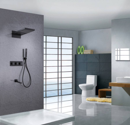 Душевая система ABBER Daheim AF8253B скрытого монтажа с изливом, термостат, черный матовый Душевая система ABBER Daheim AF8253B скрытого монтажа с изливом, термостат, черный матовый