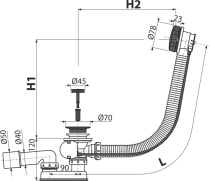 Сифон для ванны автомат комплект, черный-мат