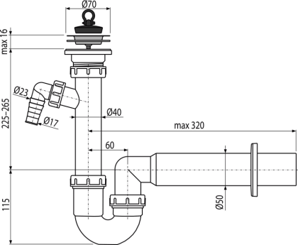 Сифон трубчатый с нержавеющей peшeткой DN70 и штуцером
