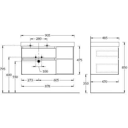Тумба CUBO левая подвесная с ящиками 90, белая матовая-древесная