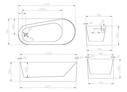 Акриловая ванна Abber 170х78 AB9496-1.7 L
