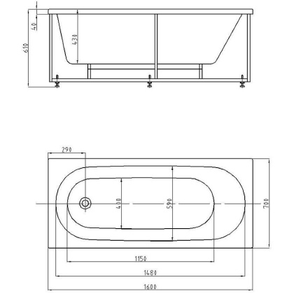 Ванна  Оберон 160 пустая с фр.экр.(слив слева)