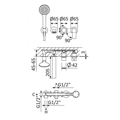 NAUTIC-VDM3-NOP Встраиваемый смеситель для ванны и душа однорычажный с поворотным переключателем на 3 выхода, в комплекте с ручным душем, исполнение Чёрный матовый