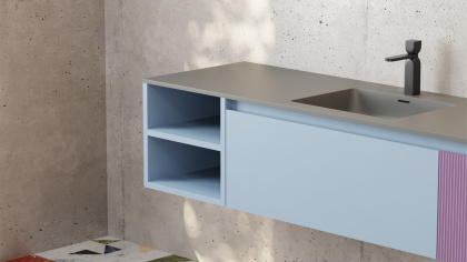 Подвесная тумба Domino 2000, шпон Tabu, для двух встраиваемых раковин, с фрезеровкой Подвесная тумба Domino 2000, шпон Tabu, для двух встраиваемых раковин, с фрезеровкой