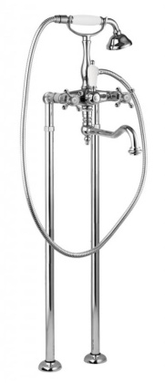 GOLF-VDP2-01-Bi Напольный смеситель для ванны с ручным душем и поворотным изливом Исполнение: Хром, Ручки: Белые 
