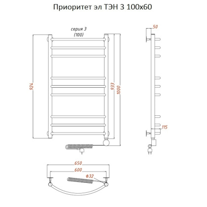 Полотенцесушитель Приоритет эл ТЭН 3 100*60 (ЛЦ2)