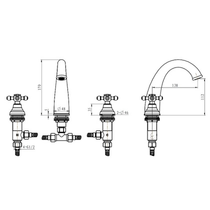 Смеситель для раковины на 3 отверстия ROYAL CRYSTAL, золото_Комплект