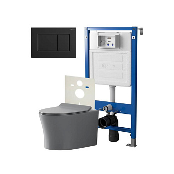 Сет: Система инсталляции Point Элемент для подвесного унитаза PN45120 + Клавиша смыва для инсталляции Point Ника, черная матовая, PN44081BM + Унитаз подвесной Point Вега безободковый, сер мат, PN41711GM