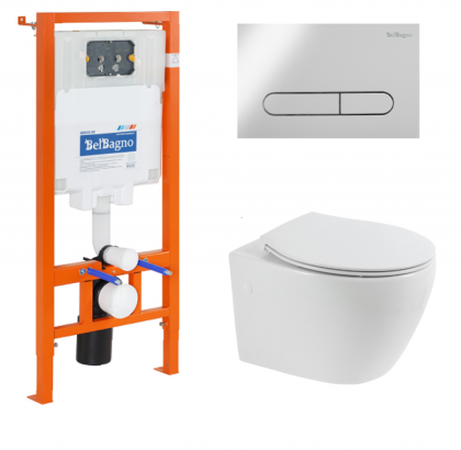 BB507B/BB1055SC/BB002-80/BB005-PR-CHROME Унитаз подвесной с сиденьем BelBagno PROSPERO + Система инсталляции для унитазов с кнопкой смыва BB005-PR-CH Исполнение: Хром 