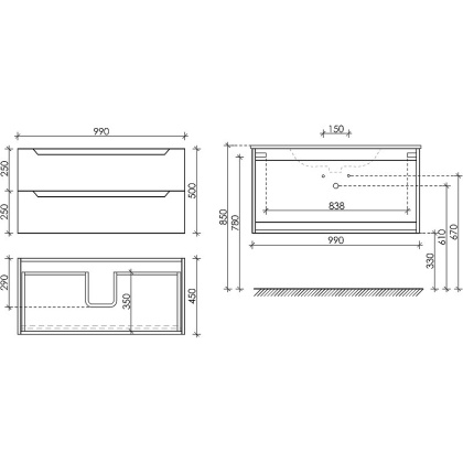 Тумба подвесная SANCOS Norma 2.0 990х450х500, c двумя ящиками оснащенными доводчиками, белый глянец , арт. NR2.100W