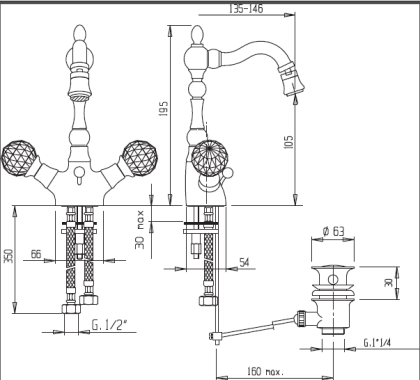 ATLANTIS-BS2-01-055 Смеситель на биде с донным клапаном, ручки мрамор 055 ATLANTIS-BS2-01-055 Смеситель на биде с донным клапаном, ручки мрамор 055