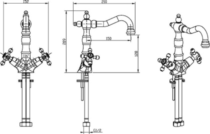 Смеситель для умывальника, высокий ROYAL CRYSTAL black, золото_Комплект