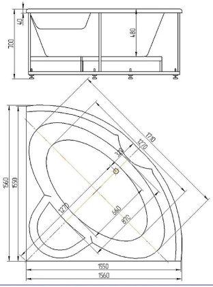 Акриловая ванна Акватек Поларис 155х155 POL2-0000041