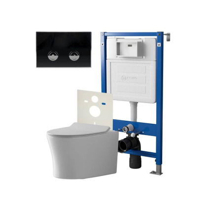 Сет: Система инсталляции пневматическая Point Элемент П для подвесного унитаза PN45121 + Клавиша смыва для пневматической инсталляции Point Венера, черный/хром, PN44071BC + Унитаз подвесной Point Вега безободковый, сиденье микролифт PN41711