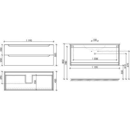 Тумба подвесная SANCOS Norma 2.0 1190х450х500, c двумя ящиками оснащенными доводчиками, белый глянец , арт. NR2.120-1W