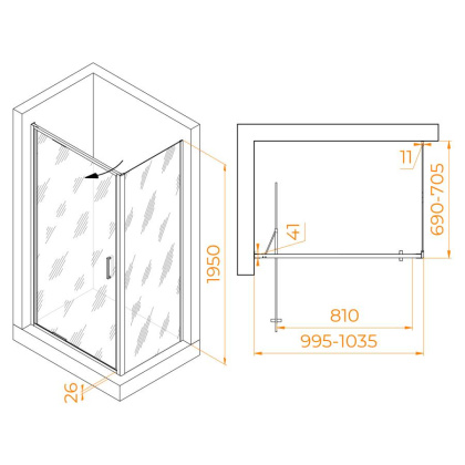 Душевой уголок 100* 70*195 RGW SV-145 (SV-05 + Z-050-2) Прямоуг./Хром/Прозрачное/8 мм (Easy)