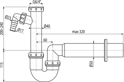 Сифон трубчатый с накидной гайкой 6/4" и штуцером