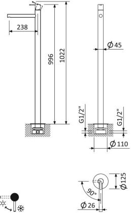 LEAF-TVP-L-01-W0 Смеситель для раковины напольный, однорычажный без донного клапана, исполнение Хром